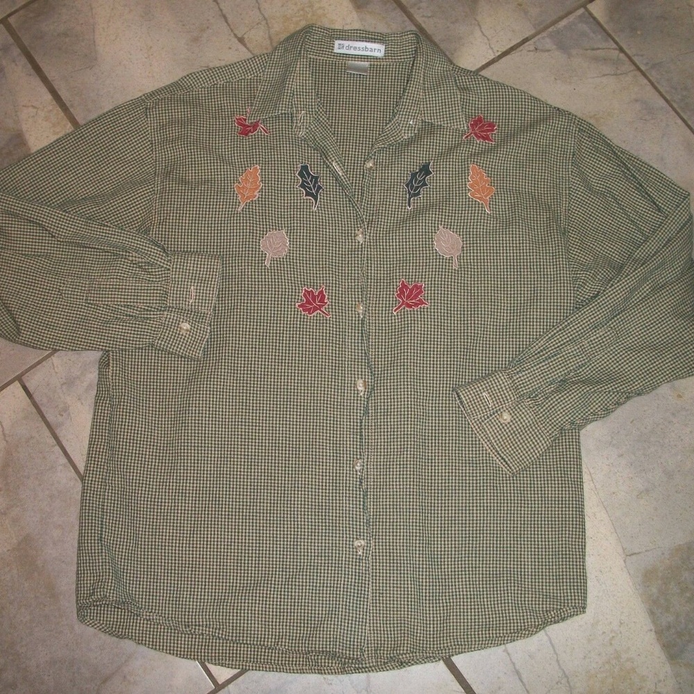 Dressbarn Green and Tan Check Leaf Print Blouse L